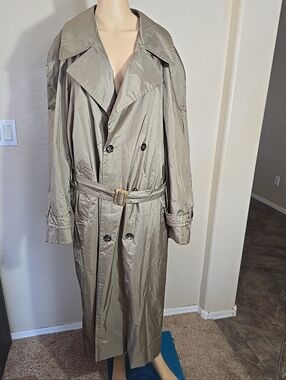 Vintage Zilli Double-Breasted Trench Coat in Shimmery Olive Mens Size 50 (L)